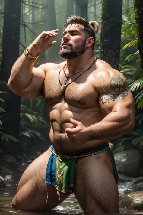 (8K, high definition, high quality, highly detailed) Handsome hermit. Chubby. hyper-masculine. hairy body. hairy armpits. wearing green and gold silk loincloth. wearing runic necklace. runic tattoos. wet face. wet body. bear ears looking up in the sky. eye...