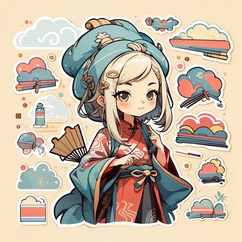 1 sticker, manual, (sticker, 1 girl, Chinese clothing, Gorgeous collared coat, cheongsam, Hanfu, embroidery, hairpin, fan, Gold Jewelry, Western-style building), watercolor, White background, Simple background, Minimum, Lovely, Tiny, Pastel colors, Vector ...