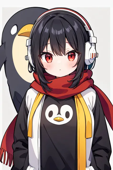 Woman in a penguin costume(upright、Black Hair、Red scarf、Yellow headphones)、Facing forward、The entire upper body and head are visible