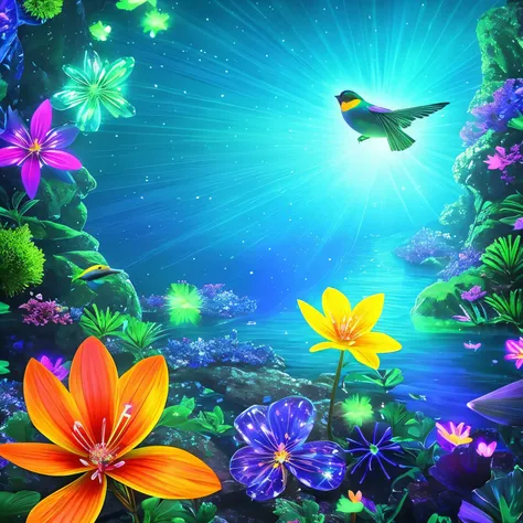 a close up of a flower and a bird flying over a river, glowing crystals on the ground, crystal clear neon water, cave glowing stones, neon bioluminescence, [ bioluminescent colors ]!!, neon color bioluminescence, glowing colors, fish are glowing in the oce...