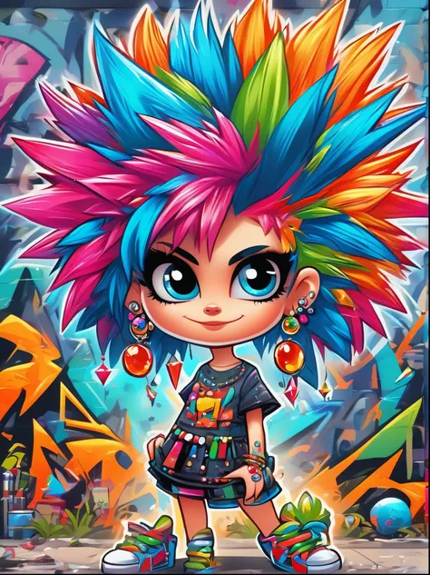 A cartoon doodle character，Vector illustration，1girl, solo, With spiky, brightly colored hair, Hair accessories, Heavy makeup, Eyeshadow, (Forehead Gem:1.5), Crystal Earrings, smokes, Dazzling colors, Stunning visuals, otherworldly appearance, captivating ...