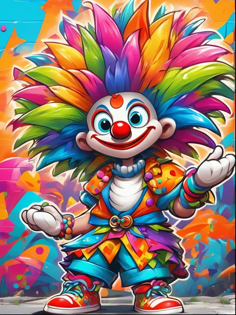 A cartoon doodle character，Vector illustration，(clown:1.3)，With a playful smile and big, shining eyes，Slender figure，Dressed in chaotic and brightly colored clothes，Includes an ornate hat with a heart symbol，Baggy pants and oversized shoes，This character s...