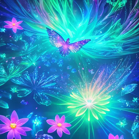 a close up of a flower and a bird flying over a river, glowing crystals on the ground, crystal clear neon water, cave glowing stones, neon bioluminescence, [ bioluminescent colors ]!!, neon color bioluminescence, glowing colors, fish are glowing in the oce...