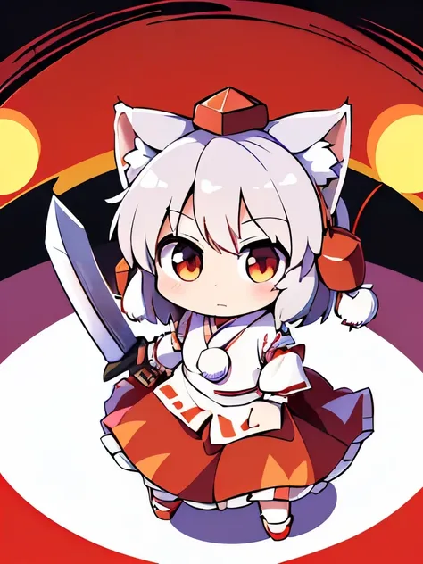 (((masterpiece))), (((best quality))), ((ultra-detailed)), (8K), anime style, (1girl）,(((Momiji inubashiri))),(((touhou project))),white wolf tail,white extra short hair, white wolf ear ,holding gigantic sword,(((Deformed, super deformed))), (chibi), cute,...