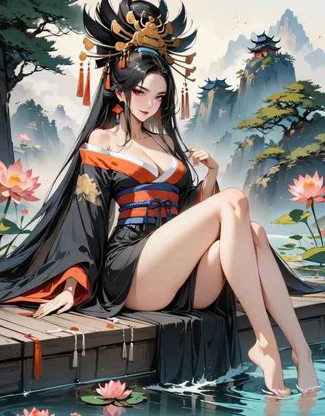 ((4k,masterpiece,best quality)), Ink Bismuth, traditional Chinese painting, lotus, Hanfu, Black Hanfu,(Dress conservatively:1.3),1girl, Solitary, Black long hair, Smile, Sitting, Feet on the surface of the water, barefoot,Gorgeous makeup,Oiran,Long legs,Ma...