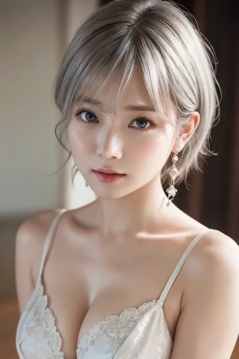 highest quality、8k Masterpiece、超A high resolution、(Photorealistic:1.3)、RAW Photos、1 girl、Silvery white hair、Glowing Skin、1. Open-chested clothing、((Ultra-Realistic Details))、Portrait、Global Illumination、Shadow、Octane Rendering、8k、Super sharp、Beautiful brea...