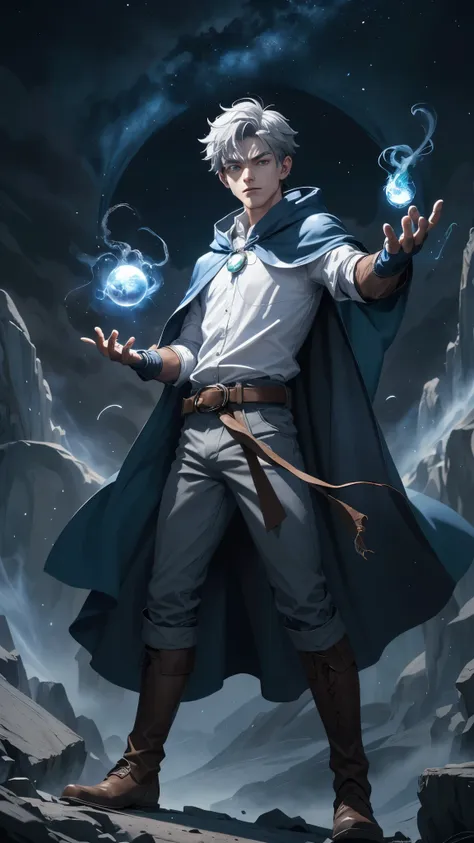 design 1wizard man throwing a fireball, 22 year old man with dark blue hood and cape.light gray hair gray eyes wearing a white b...