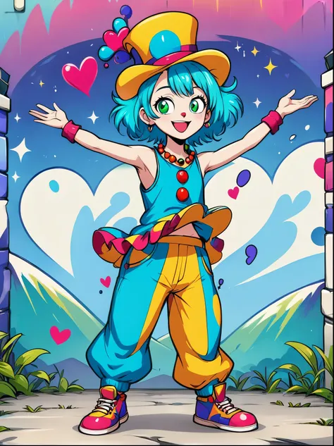 A cartoon doodle character，Vector illustration，(clown:1.3)，With a playful smile and big, shining eyes，Slender figure，Dressed in chaotic and brightly colored clothes，Includes an ornate hat with a heart symbol，Baggy pants and oversized shoes，This character s...