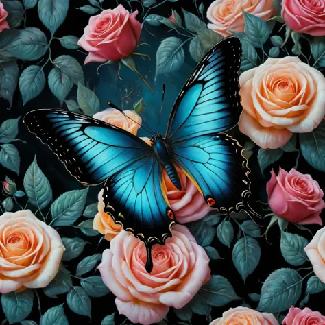 a vivid, surreal painting featuring a large, colorful butterfly perched atop a bouquet of roses. the butterfly's wings are predo...