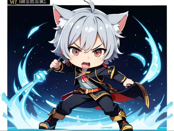 (chibi:1.3)，(Get angry)，Full body pointing，masterpiece, A world where magic and technology coexist, Cat Eared Man(Gray Hair, short hair) ，(boy)，Hone your skills，Let&#39;s go on a journey to uncover the secrets of power., Beautiful Eyes，depicted in detail. ...