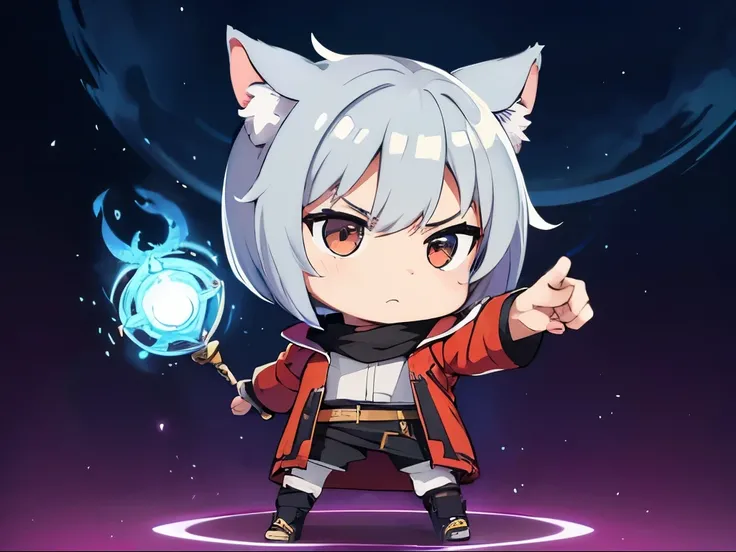 (chibi:1.3)，(Get angry)，Full body pointing，masterpiece, A world where magic and technology coexist, Cat Eared Man(Gray Hair, short hair) ，(boy)，Hone your skills，Let&#39;s go on a journey to uncover the secrets of power., Beautiful Eyes，depicted in detail. ...