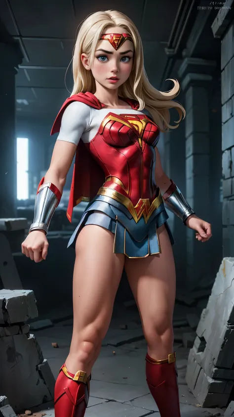 8k, ultra hd, super details, high quality, high resolution. the heroine supergirl looks beautiful in a full-length photo,(mini s...