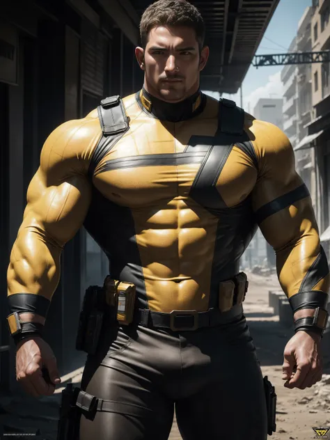 Angry super muscular man,  Buzz Cut，On the old-style outdoor street under the hot sun, Wear the long-sleeved Dark Yellow Superhero Marble Bodysuit, Marble texture，Covered with a lot of mud and dust，The expression is arrogant, Thick thighs, Messy hair, Thic...