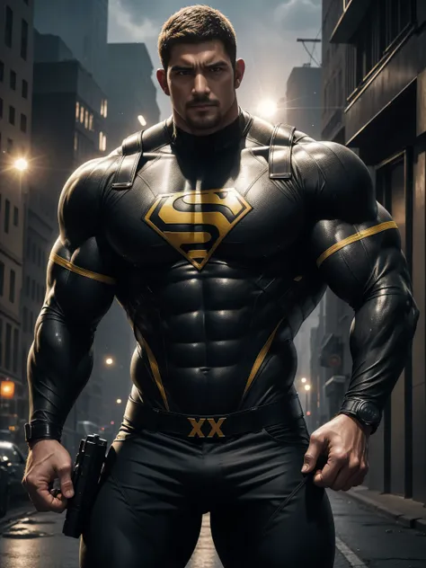 Angry super muscular man,  Buzz Cut，On the old-style outdoor street under the hot sun, Wear a long-sleeved Dark Yellow superhero bodysuit, Very dirty，ClothesVery dirty mud stains，The expression is arrogant, Thick thighs, Messy hair, Thick thighs, High coll...