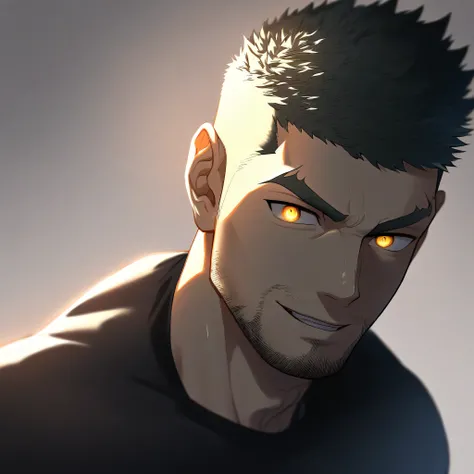 anime characters：Gyee, priapus, 1 young muscular man, male focus, sports Black headband, Black tight T-shirt, muscular male, muscular, only, Upper body, alone, Black short hair, Thick eyebrows, stubble, Yellow eyes, White background, simple background, ama...