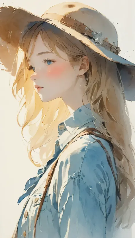 watercolor、light color、beautiful colors、perfect anatomy、cowboy shot、girl closing her eyes、cute、profile