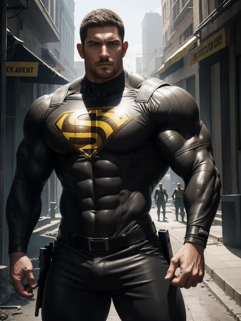 Angry super muscular man,  Buzz Cut，On the old-style outdoor street under the hot sun, Wear a long-sleeved Dark Yellow superhero bodysuit, Mud wrapped body，Clothes are very dirty with mud stains，The expression is arrogant, Thick thighs, Messy hair, Thick t...