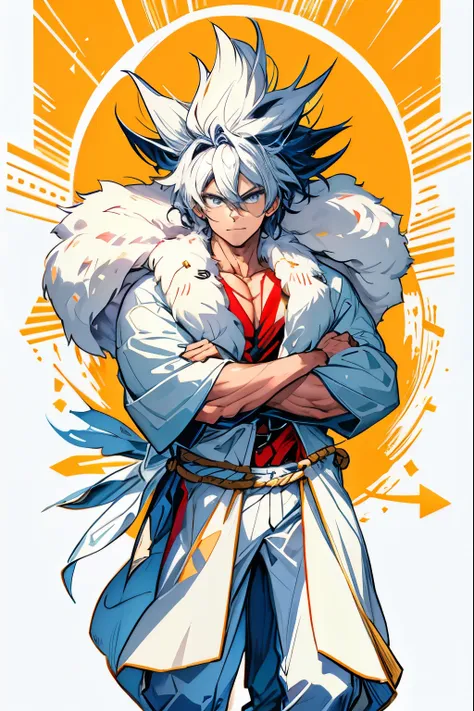 (best quality, higher)a macho man with a rope around his waist and white fur wrapped around his shoulders, exposing his pectoral...