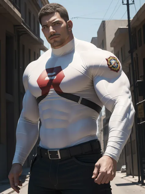 Angry super muscular man, Buzz Cut,On the old-style outdoor street under the hot sun, Wear a long-sleeved cream superhero bodysuit, Mud wrapped body,Clothes are very dirty with mud stains,The expression is arrogant, Thick thighs, Messy hair, Thick thighs,...