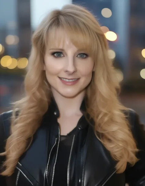 close up portrait photo of mlssrch woman, wearing black leather, city at night