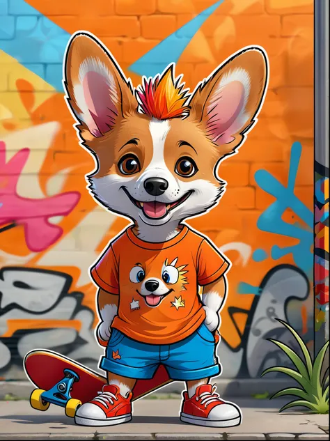 A cartoon doodle anthropomorphic animal，Vector illustration，A cute little corgi，With spiky, brightly colored hair，Unique and wild style，Wearing orange T-shirt，Blue shorts and red shoes, Often with a mischievous smile，And stir up trouble in the nameless tow...