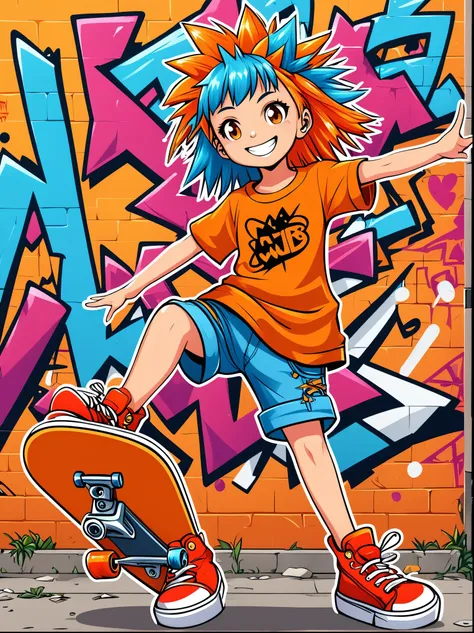 A cartoon doodle character,Vector illustration,A sweet and lovely little girl,With spiky, brightly colored hair,Unique and wild style,Wearing orange T-shirt,Blue shorts and red shoes, She often has a mischievous smile,And stir up trouble in the nameless to...