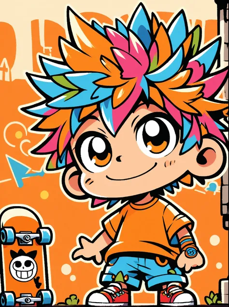 a cartoon doodle character，vector illustratioughty little boy，with spiky, brightly colored hair，unique and wild style，it's easy ...