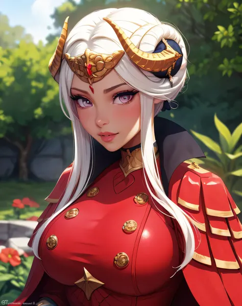 edelgard_timeskip, crown 2.0, horns, red dress 2.0, red gloves, hair up 2.0, (masterpiece, best quality, ultra-detailed), realistic style, very close up shot 2.0, garden 2.0, looking at viewer 2.0, blushing, face shot 2.0, perfect eyes, cute nose, very sex...