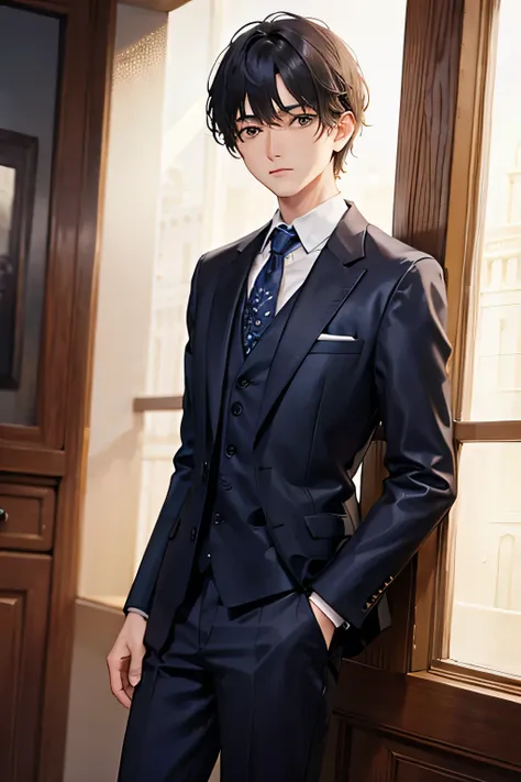 1 boy, side, suit