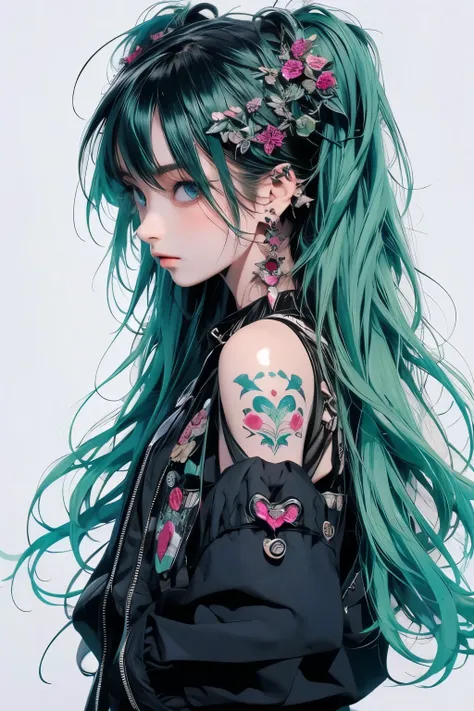 Green Hair、miku hatsune、Twin tails、Earrings、Earrings、Tattoo、Goth_punk, One Girl, solo,、highest quality, Realistic, Ultra-fine illustrations, Beautiful and attractive anime girl, miku hatsune, Slender body, Tied Hair, One Girl, Girl Photos, Full Body Shot, ...