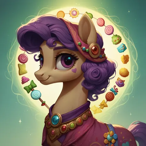 score_9,score_8_up,score_7_up,score_6_up, cute gypsy pony, gypsy fashion, glowing backlight, candy, dark scene, glitter, whimsic...