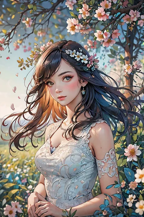 best quality, 8k, highres, masterpiece, ultra-detailed, realistic, a woman in White Lace dress, Colorful petals of flowers float in the air, bright sun colors, shallow depth of field, soft atmospheric scenes, powerful portraits, perfect anatomy, best quali...