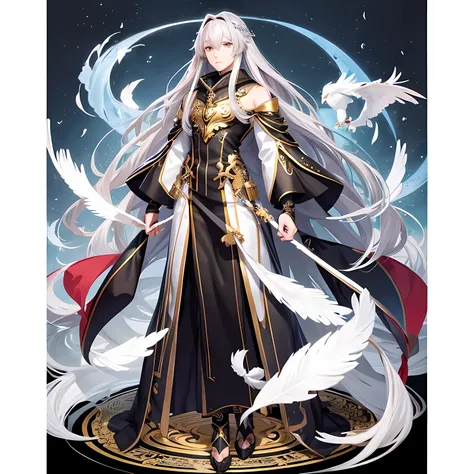 long silver hair、golden eyes、a handsome man、beautiful、full body illustration、character portrait、seraph、six feathers、anime style