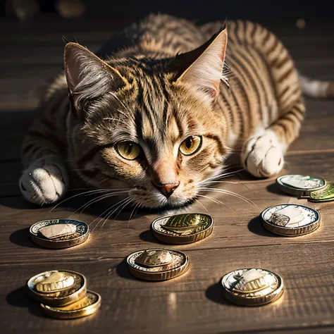 RAW photo, 8K, realistic, cat ,bill, money, (coin:1.8),