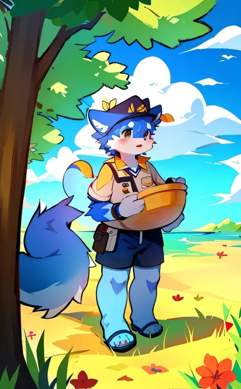 Blue fur, Canine, fox motif, boy, uniform,fly in the sky，The weather is sunny，summer，