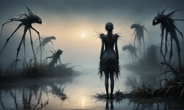 Quentin Blake Style Photography, wlop,full body length,once pretty,full body,bailong plant girl made of dead plants,a girl made of charcoal plants,charcoal The Alien Entity,ominous landscape, niobium graphite atmosphere,dangerous atmosphere,intricate detai...