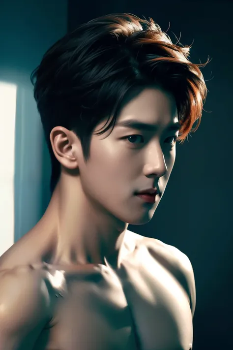 Korean male portrait, Korean handsome face, perfect face, muscular body, half naked, big breasts muscle, deliberate, masterpiece, best quality, highest quality, cinematic lighting, very handsome, ultra realistic, gorgeous,