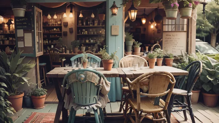 old shabby boho style coffeehouse, outside seating, tables and chairs, leica style, relaxed and inviting mood, green plants and flowers, sunny day, natural light, highly detailed, extremely sharp focus, closeup, bokeh background