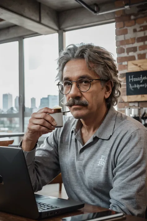 (best quality, 8K, 32k, masterpiece, UHD:1.2), 1 man, modern Albert Einstein, wild grey hair, mustache, casual yet stylish clothes, glasses, laptop, coffee shop, modern decor, (thoughtful pose:1.2), detailed face, intelligent eyes, looking at the viewer