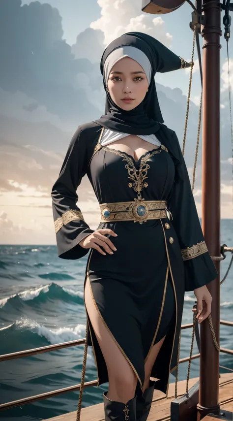 (masterpiece, best quality, award winning, highres), 1 beautiful female pirate, ((44 years old, Indonesian MILF)), skinny, tall, pirate hat, intricate pirate clothes, intricate and beautiful design, highly detailed beautiful fac ((Hijab)), detailed flowing...