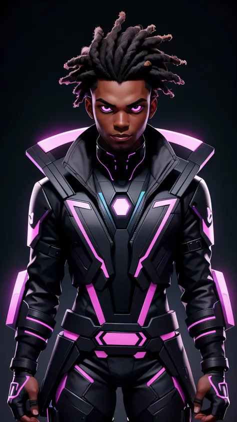 black man computer hacker, Cyberpunk, epic illustration, vector, 2d illustration, black background, very colorful, full gradient modern colors, Focused, front view