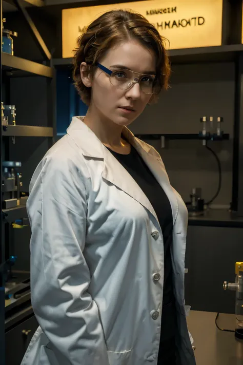 (best quality, 8K, 32k, masterpiece, UHD:1.2), 1 woman, modern Marie Curie, short hair, lab coat, protective goggles, scientific equipment in laboratory, glowing radioactive elements, Nobel Prize in the background, (inspired pose:1.2), detailed face, deter...