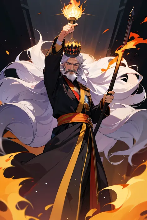 Old man, unkempt hair, long beard, hair covering side of face, holding up torch, standing, flaming staff, formal clothes, military clothes, sash with medals, emperor crown, emperor, bright purple sash, white hair, black clothes, standing, army behind him