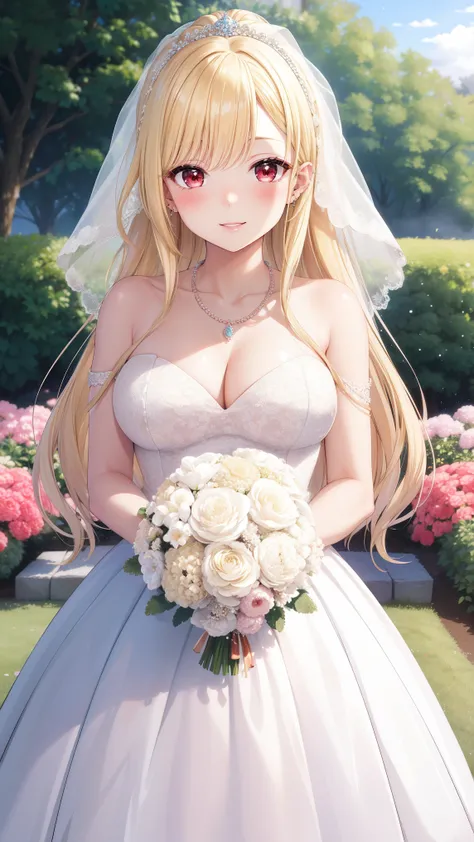 masterpiece, best quality, highres, kitagawa marin, 1girl, blonde hair, swept bangs, gradient hair, red eyes, glossy lips, light smile, blush, jewelry, piercing, standing, garden, wedding dress, off the shoulders, necklace,