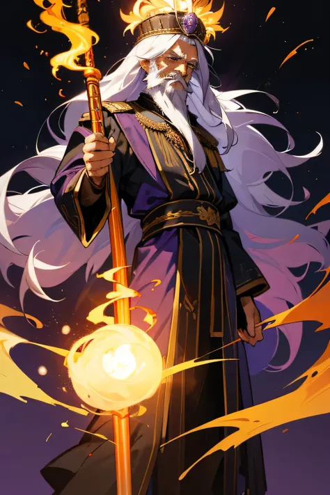 Old man, unkempt hair, long beard, hair covering side of face, holding up torch, standing, flaming staff, formal clothes, military clothes, sash with medals, emperor crown, emperor, bright purple sash, white hair, black clothes, standing, greek clothing