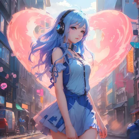 1 girl with blue hair and blue dress, walking on city street, anime style, 4k, anime art wallpaper 4k, anime art desktop 4k, anime style digital art, anime art wallpaper 8k, beautiful anime art style, digital anime art, Alice x. Zhang, anime style digital ...