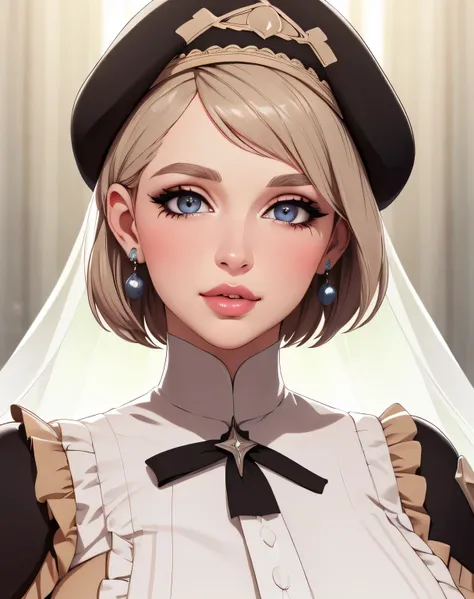 warMercedes, beret, veil, see-through, short hair, blue ascot, long frilled dress, (masterpiece, best quality, ultra-detailed), realistic style, very close up shot 2.0, garden 2.0, looking at viewer 2.0, blushing, face shot 2.0, perfect eyes, cute nose, ve...