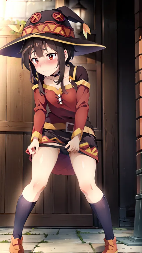 Megumin, upskirt, black panties, embarrassed, blush, pulling skirt down 