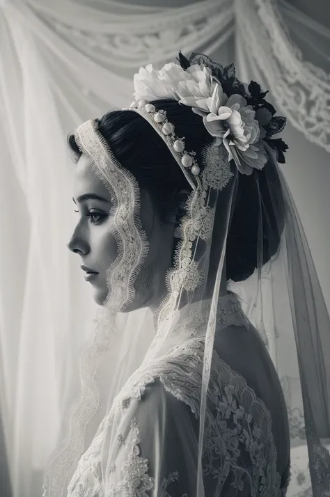 a stunning black and white editorial photo of a traditional western bride's profile and back of the head. she is wearing a beaut...