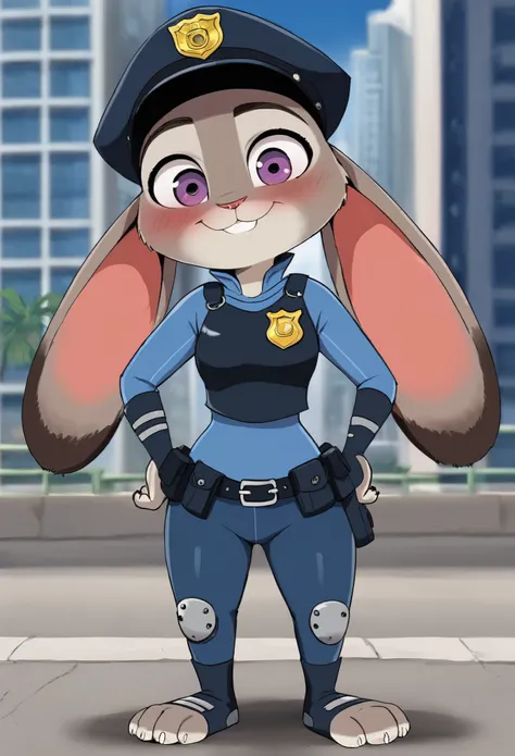 best quality, masterpiece, solo, 1girl, judyhopps, police uniform,city, modern city, no pants, kid judy